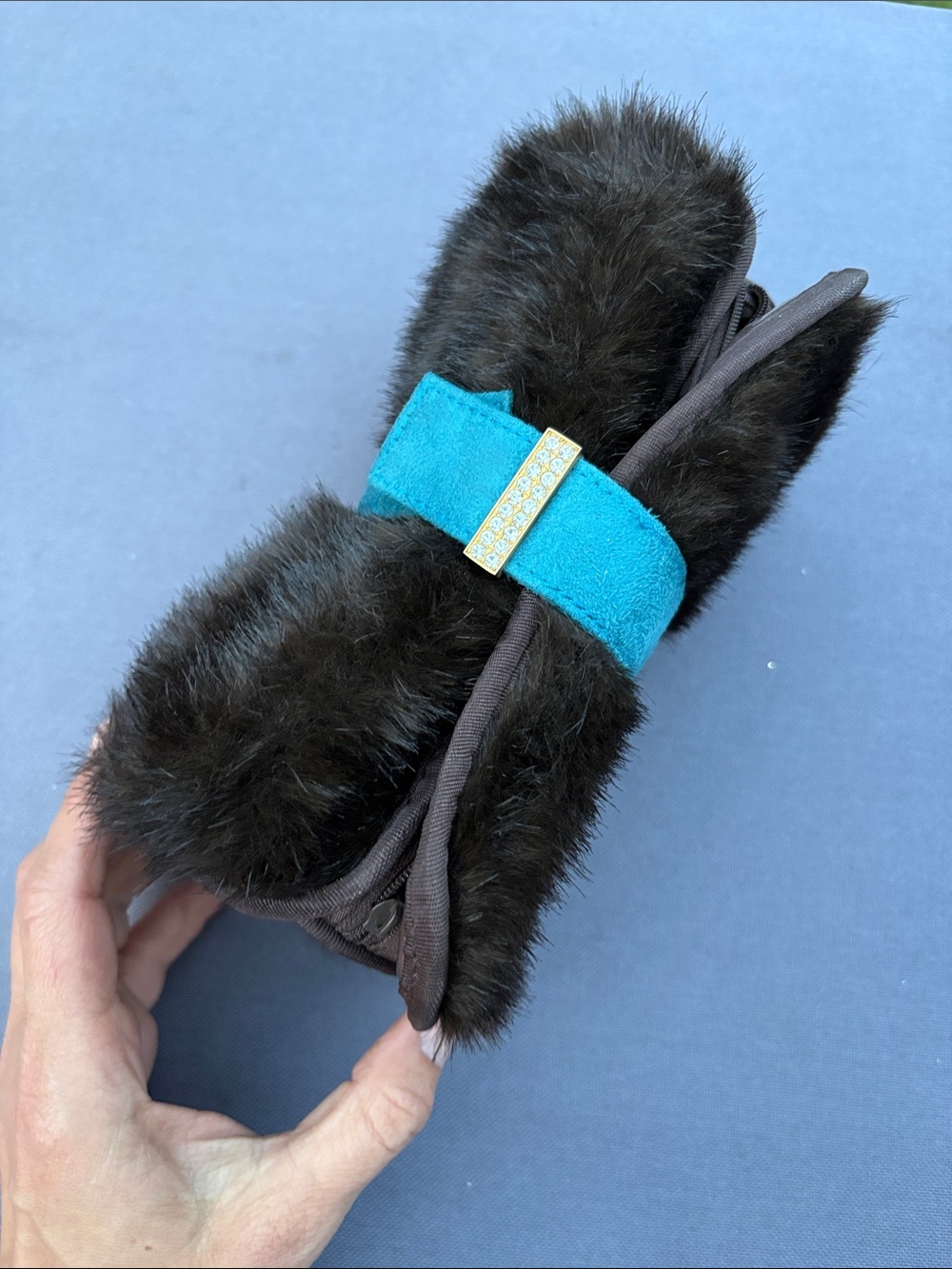 Faux Fur Headband with Turquoise Accent and Gold Detail